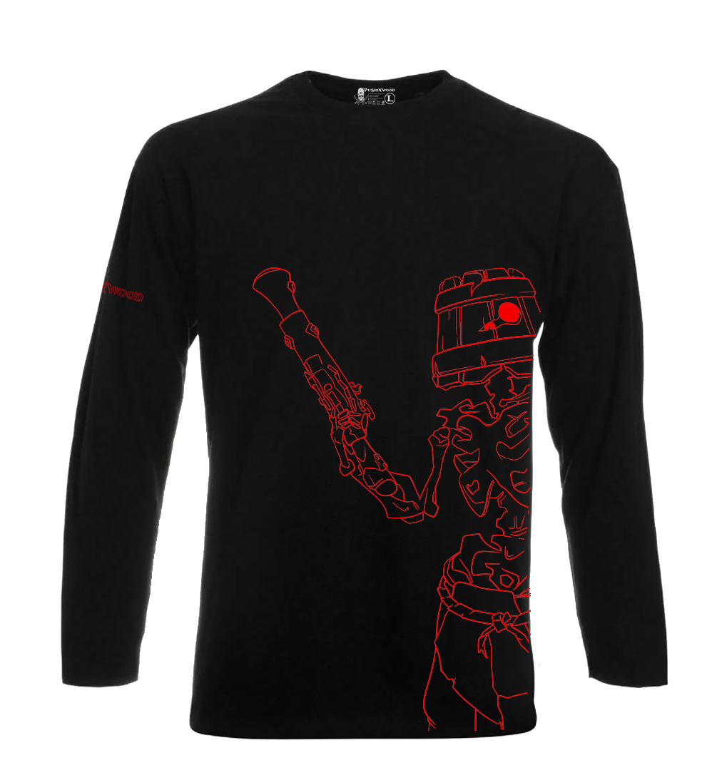 PushinWood Red Bucket Head Rib Print Long T Shirt With Arm Motif.