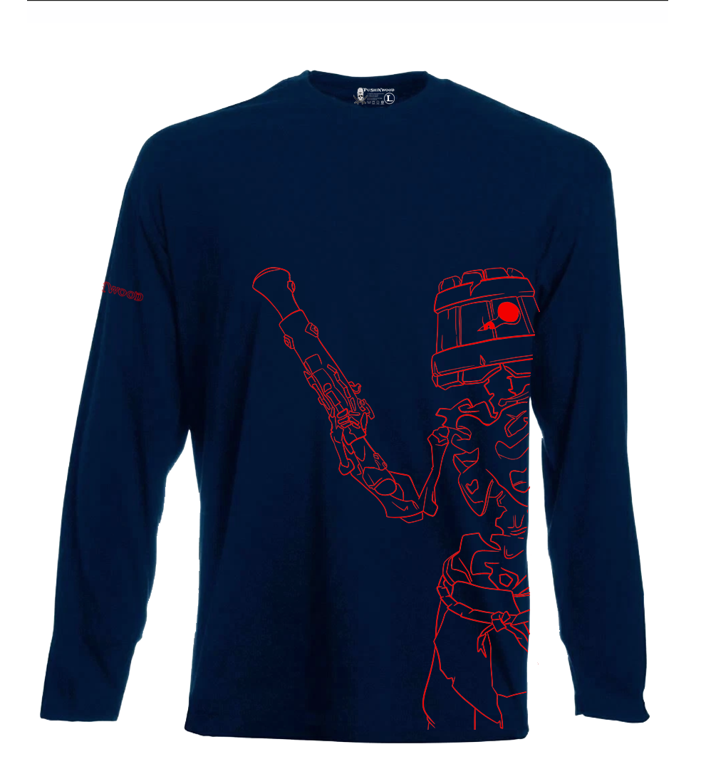 PushinWood Red Bucket Head Rib Print Long T Shirt With Arm Motif.
