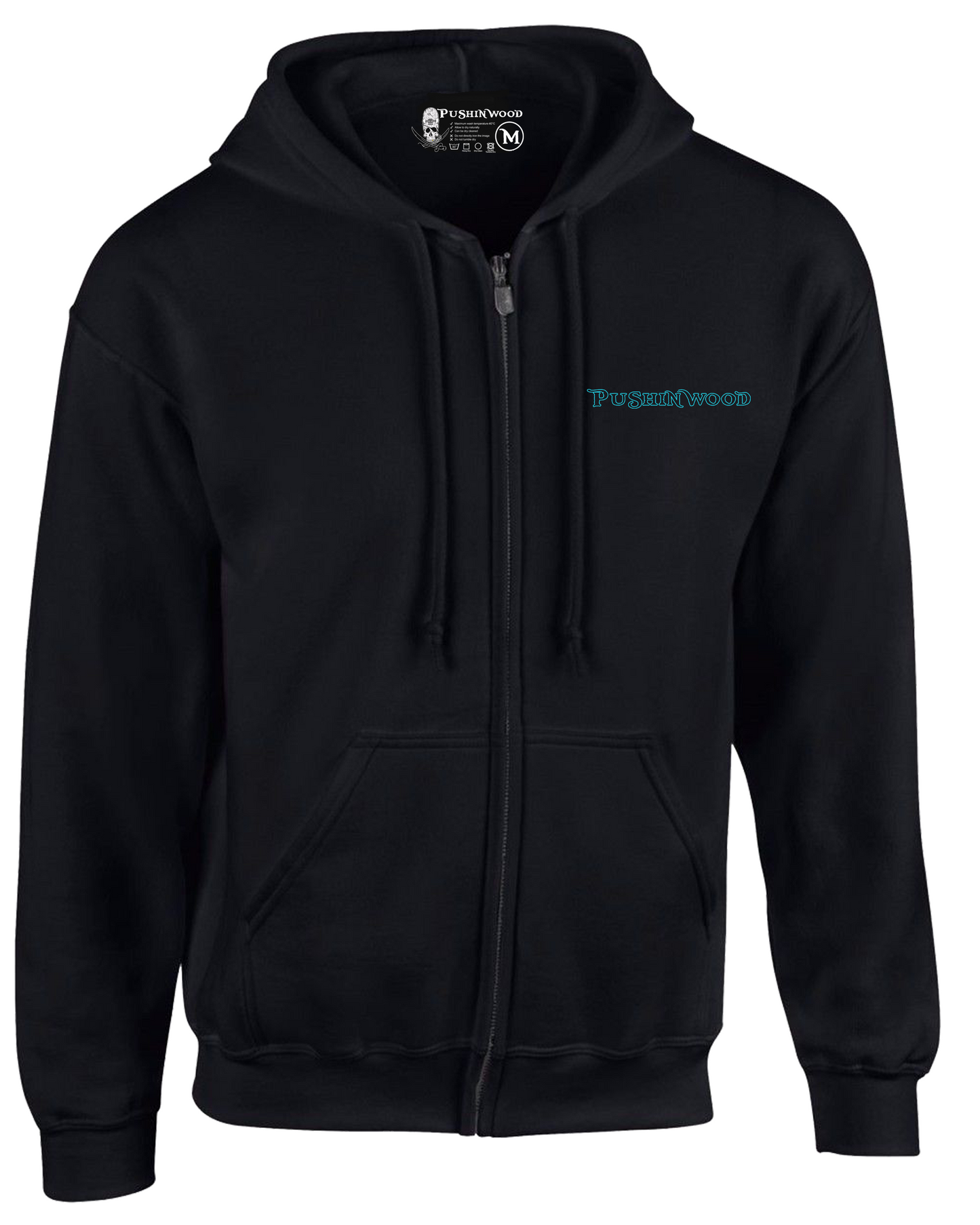 Pocket PushinWood Zipper Hoodie with Teal Bucket Head Backprint