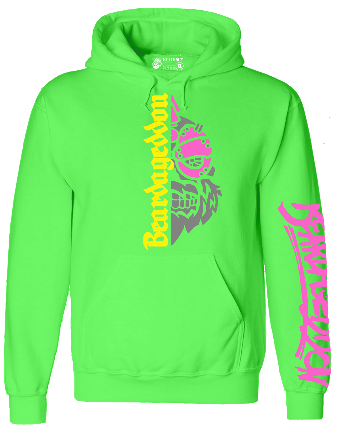 YOUR HWAY! Neon Green Hoodie Half Skull Front