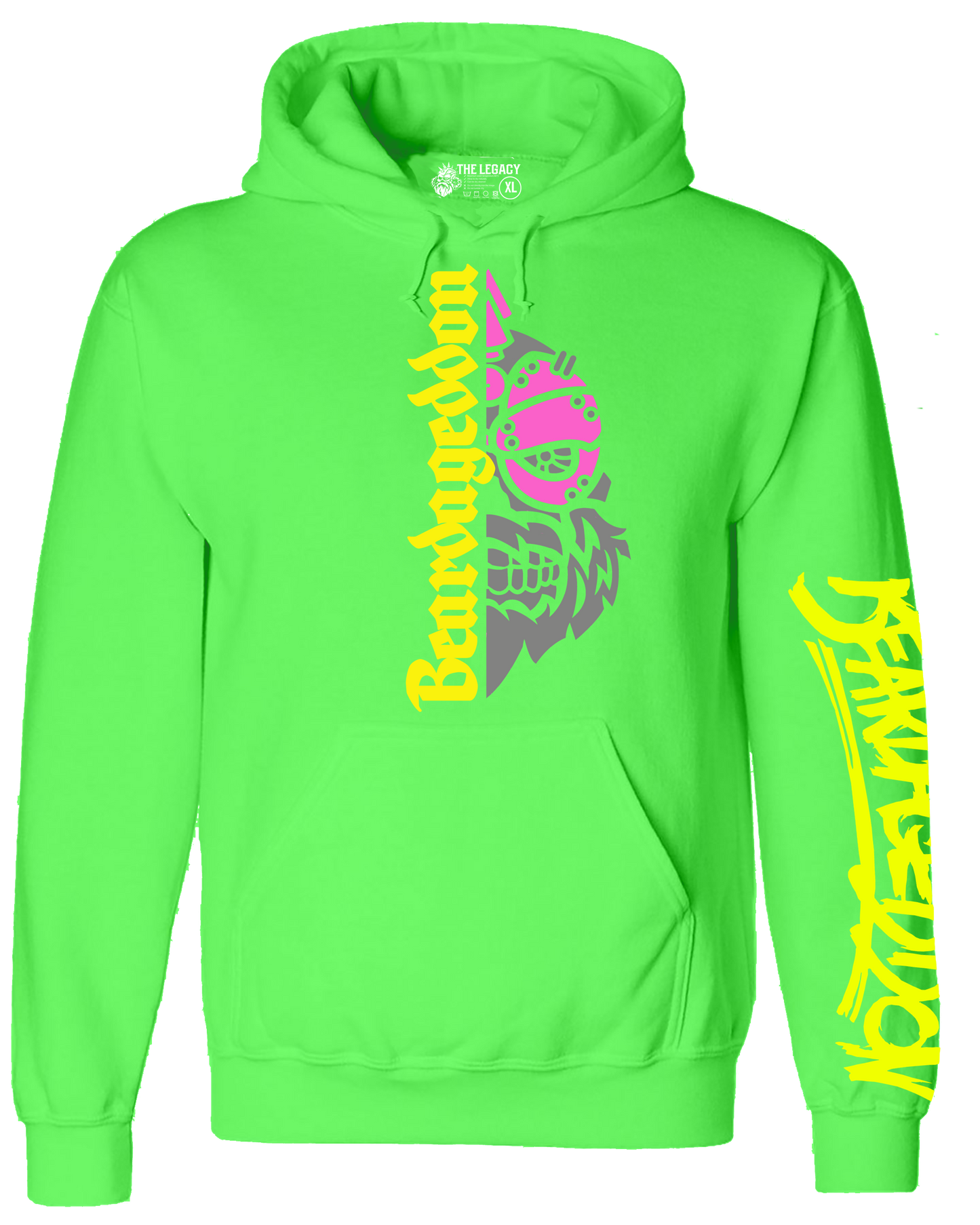 YOUR HWAY! Neon Green Hoodie Half Skull Front