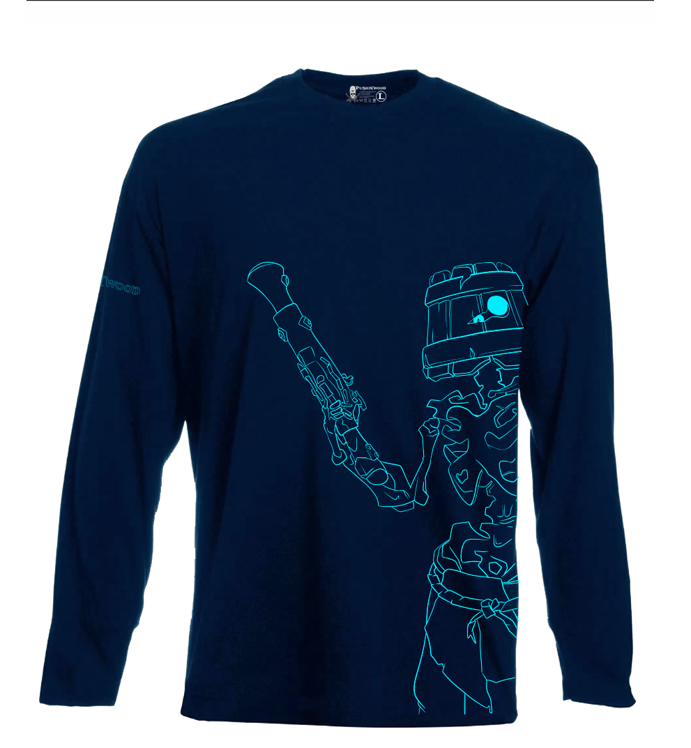 PushinWood Teal Bucket Head Rib Print Long T Shirt With Arm Motif.