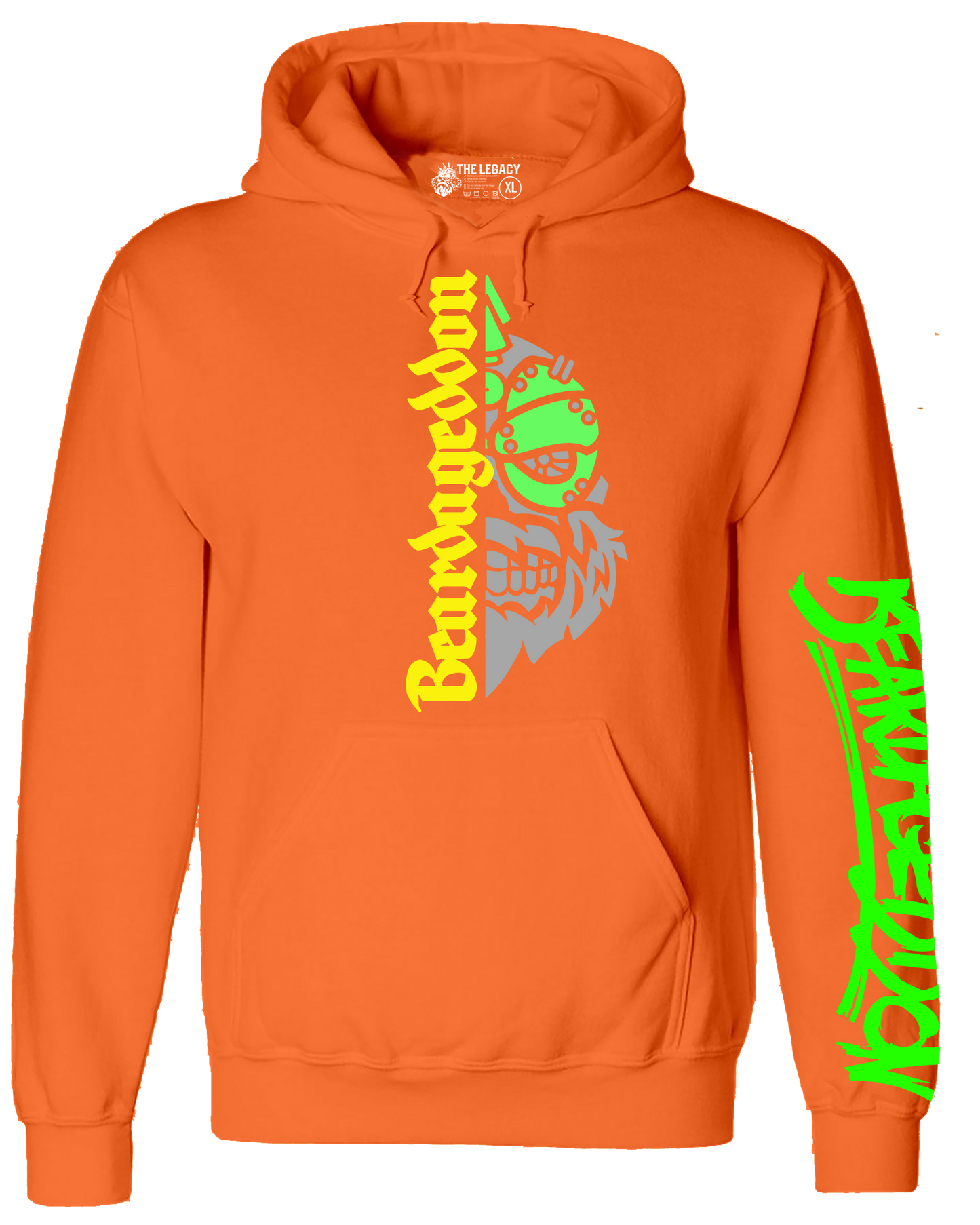 YOUR HWAY! Neon Orange Hoodie Half Skull Front