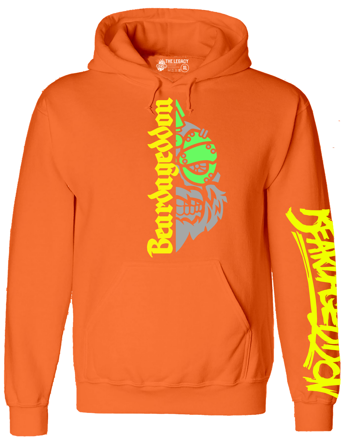 YOUR HWAY! Neon Orange Hoodie Half Skull Front