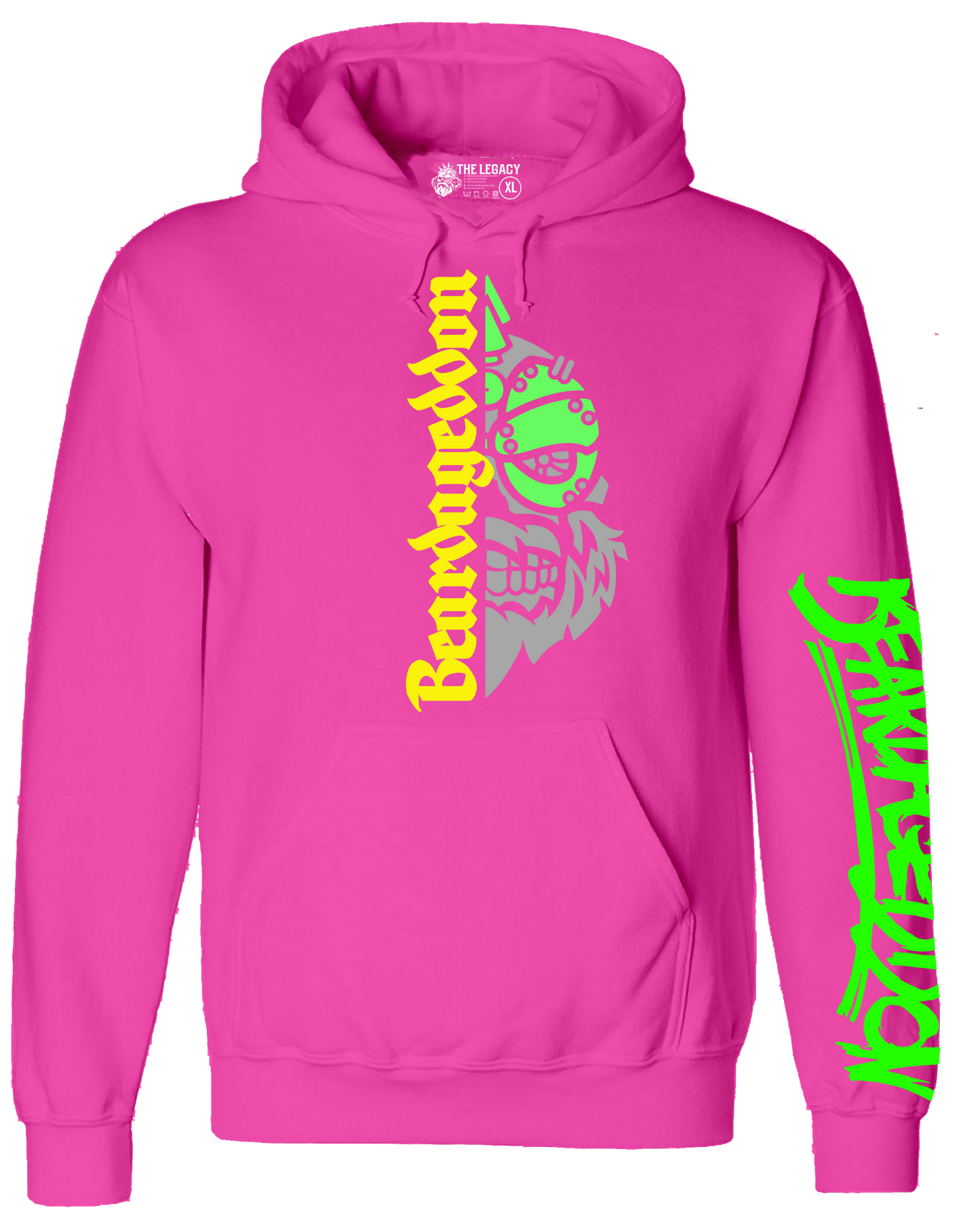 YOUR HWAY! Neon Pink Hoodie Half Skull Front