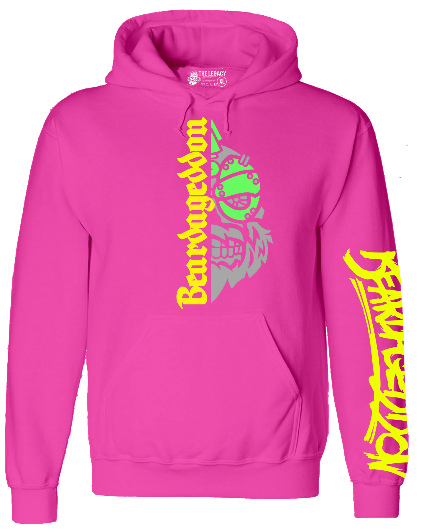 YOUR HWAY! Neon Pink Hoodie Half Skull Front
