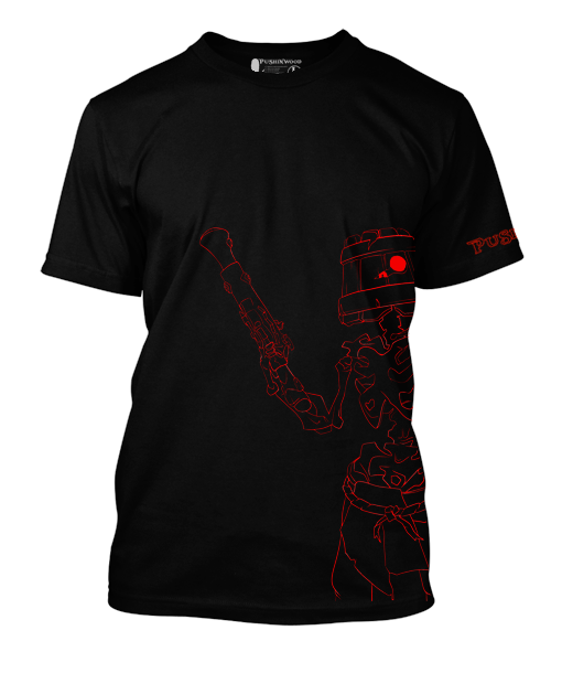PushinWood Bucket Head Red Rib Print T-Shirt With Arm Motif.