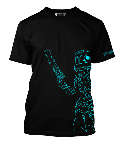 PushinWood Bucket Head Teal Rib Print T-Shirt With Arm Motif.