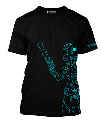PushinWood Bucket Head Teal Rib Print T-Shirt With Arm Motif.